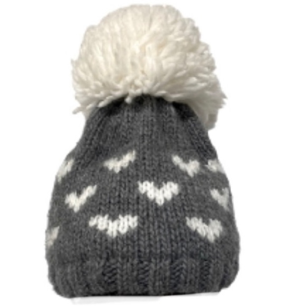ALPACA & Wool Nardi Tagliaferri Hat Beanie Gray White Hearts Pom Poms